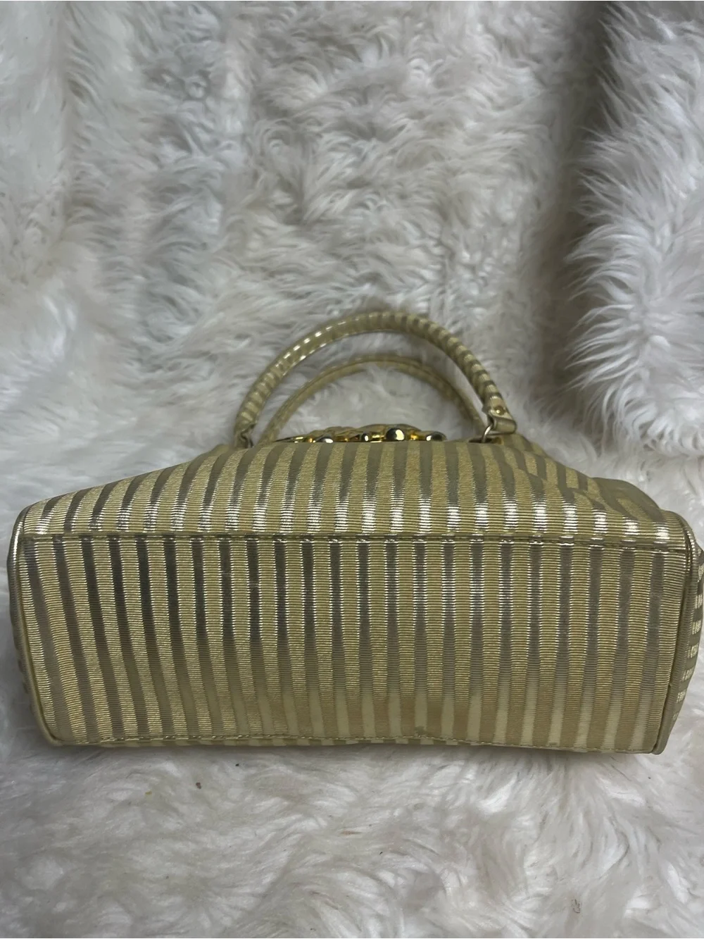 Gold Striped coated fabric Satchel Gold tone Elephant-Embellished